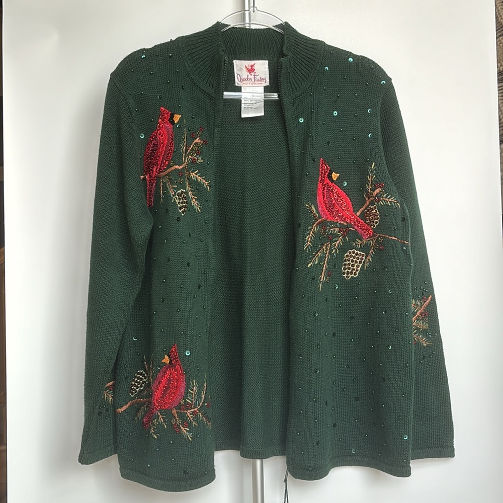 VTG Cardinal Winter Holiday Christmas Sweater Zip-up Cardigan Beaded Sequins Med - Picture 14 of 14